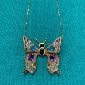 Butterfly Necklace with diamonds, amethyst, topaz, and onyx in 14 carat gold